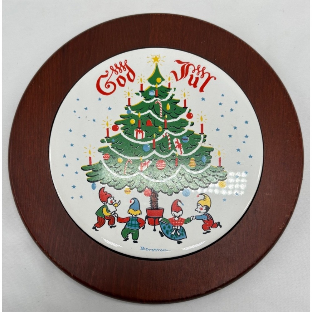 VTG Swedish Berggren 'God Jul' Ceramic Wood Trivet Christmas Tree Gnomes Round